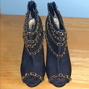 Denim gold chain booties